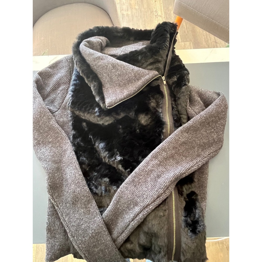 LOFT Women's Asymmetrical Zip‎ Knit Jacket Faux Fur Trim Gray XS